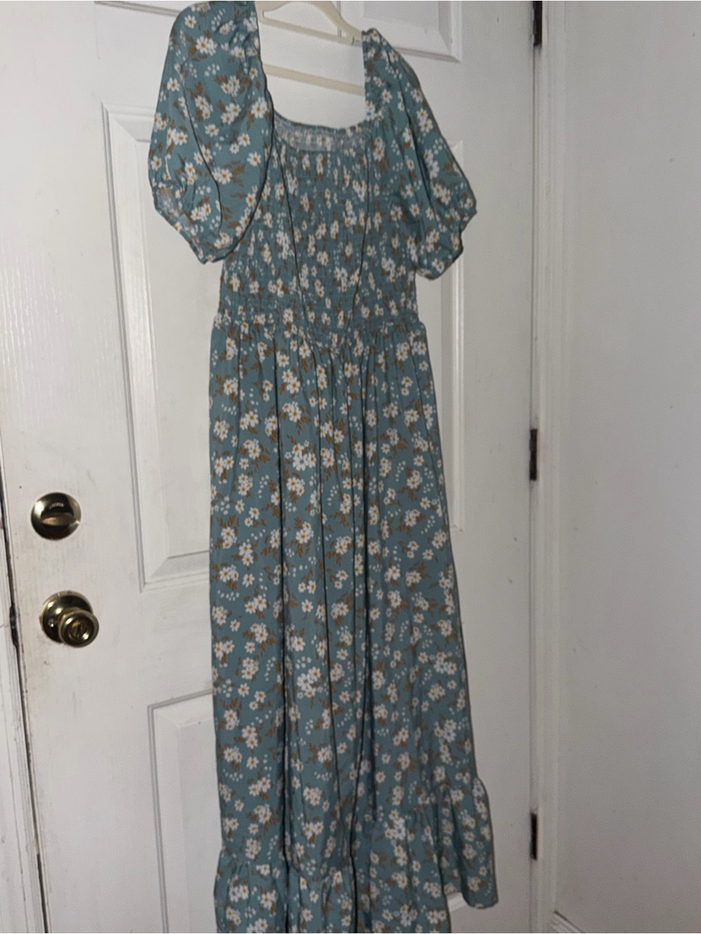 Smocked Puff-Sleeve Floral Maxi Dress in Dusty Blue